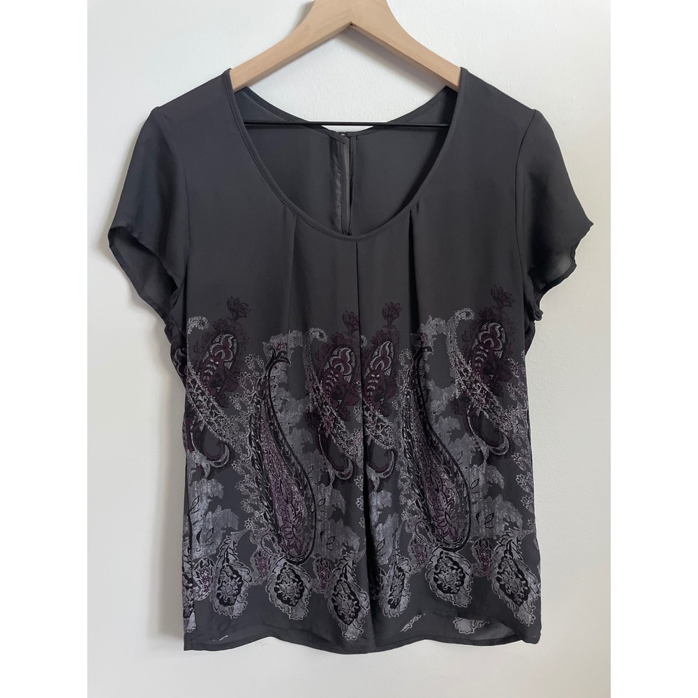Banana Republic 100% Silk Matte Charcoal & Purple Paisley Blouse, Drape Pleating